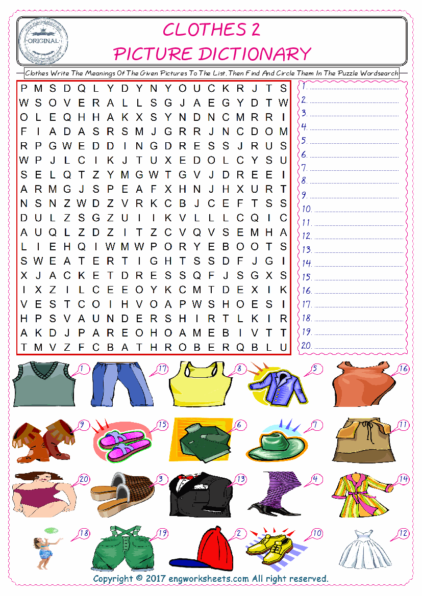  For kids, check the picture of Clothes find, and write the word and find it in the word puzzle ESL printable worksheet. 